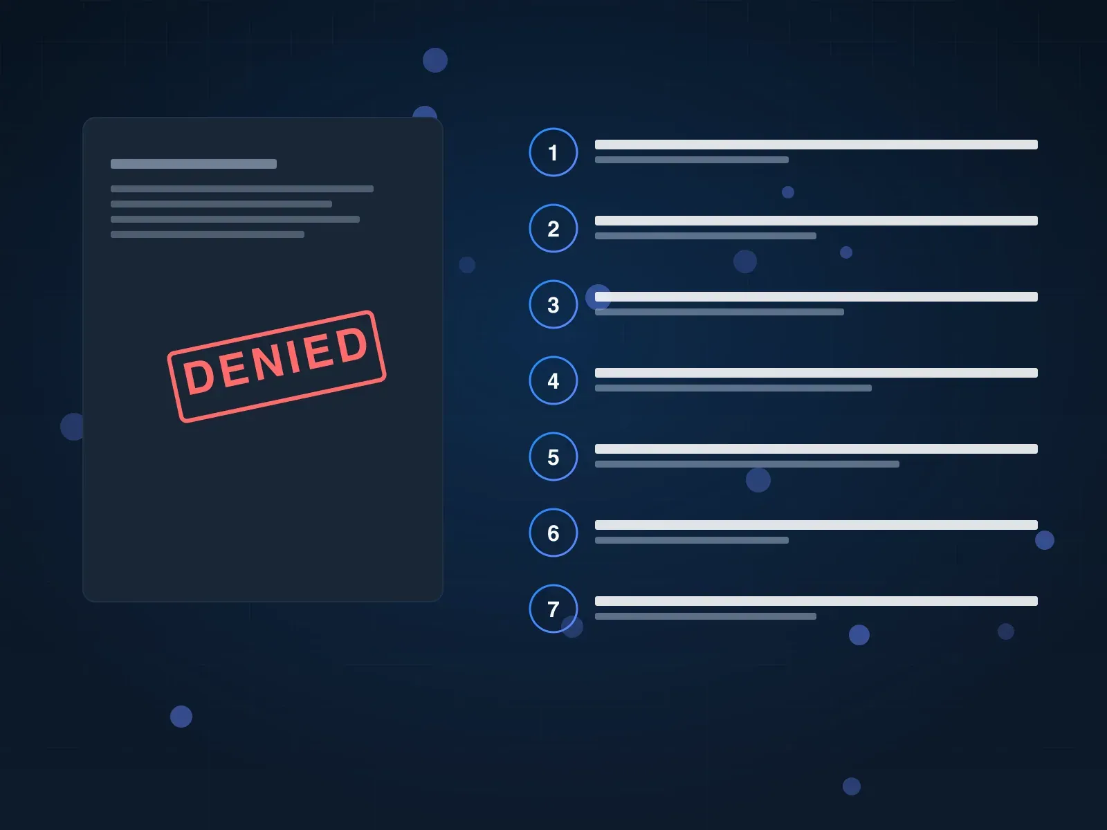 Seven-step playbook flow diagram next to a denial letter stamped DENIED, showing the order a homeowner takes to reverse a hail insurance denial.